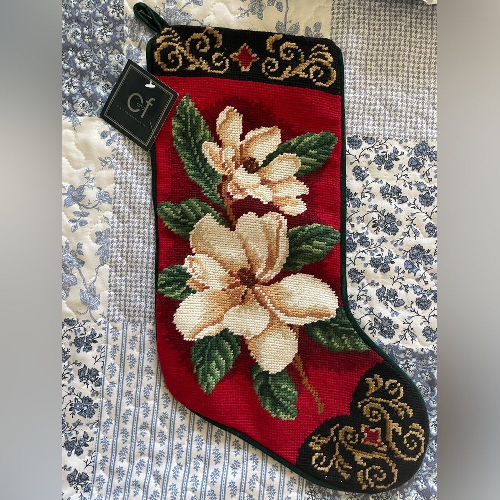 Vintage Christmas Magnolia Flowers Handmade Needlepoint Stocking RARE NWT